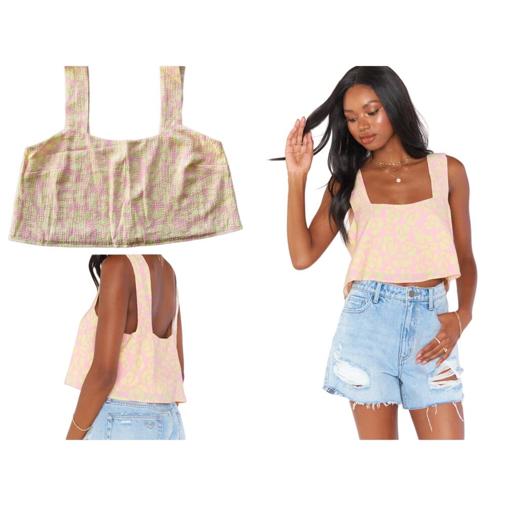 Show Me Your MuMu Tara Crop Top Lemonade Cheetah Size Large Pink Yellow